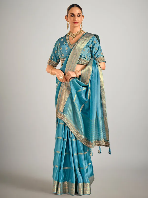 Rama blue dola silk zari weaving saree