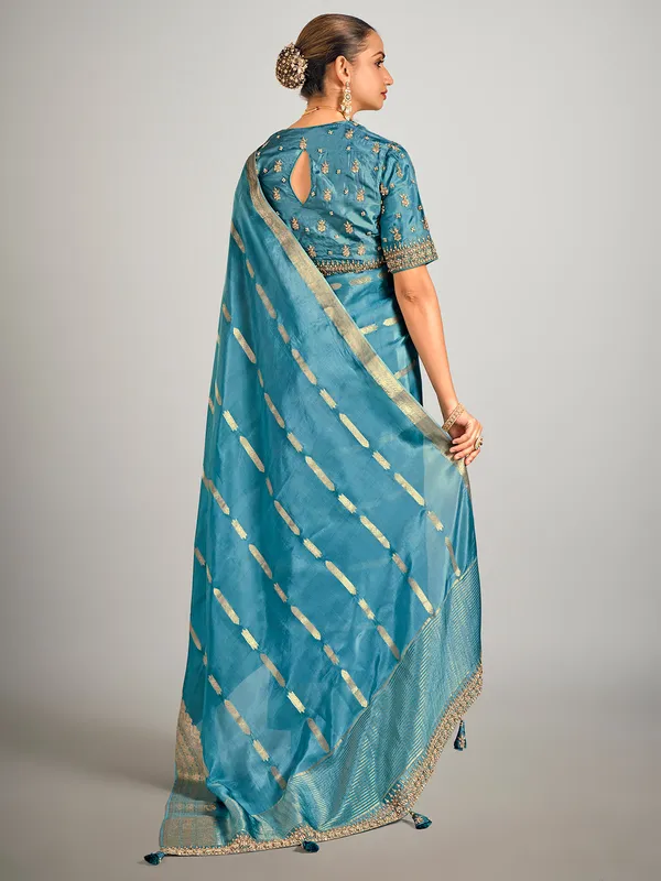 Rama blue dola silk zari weaving saree