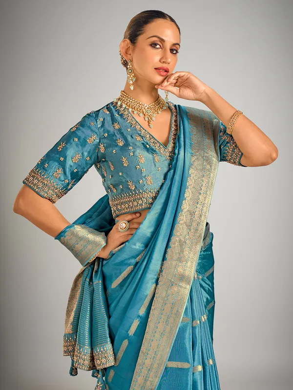 Rama blue dola silk zari weaving saree