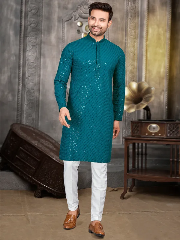 Rama blue embroidery  Men Kurta pajama in cotton