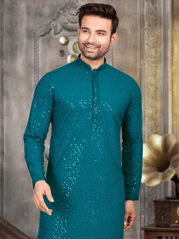 Rama blue embroidery  Men Kurta pajama in cotton