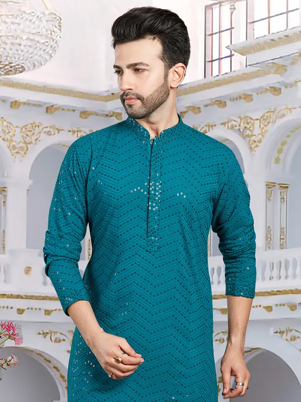 Rama blue embroidery  Men Kurta pajama in georgette