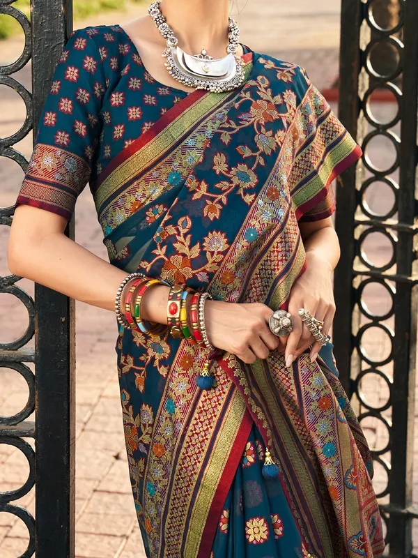Rama blue festive wear georgette saree