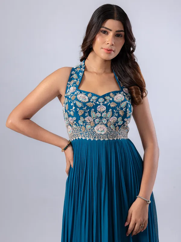 Rama blue floor length suit in soft georgette