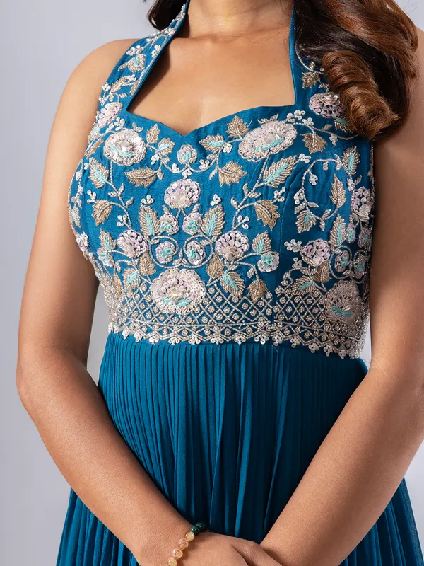 Rama blue floor length suit in soft georgette