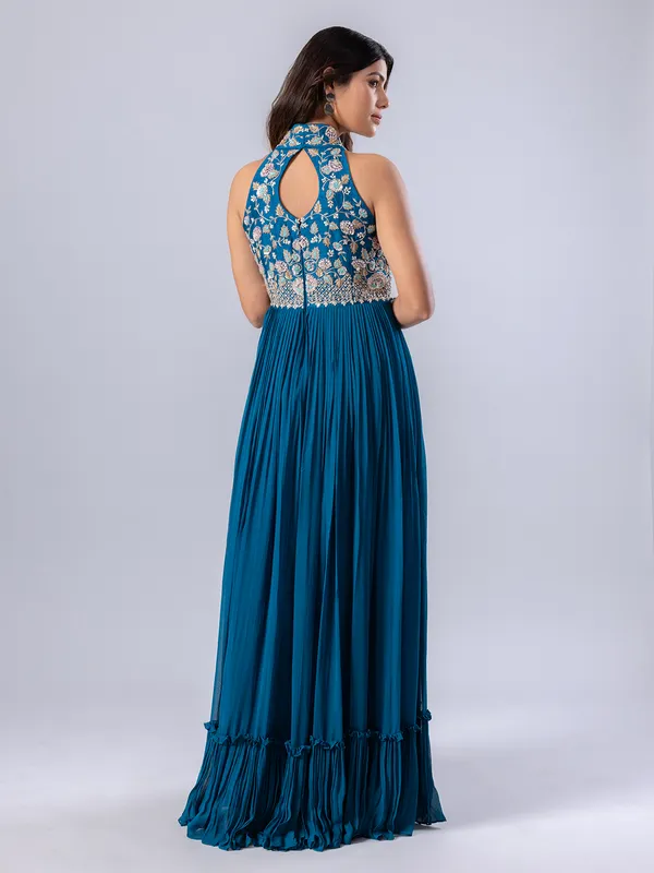Rama blue floor length suit in soft georgette