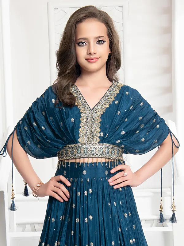Rama blue georgette crop top with lehenga