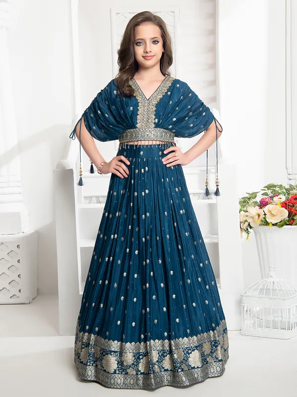 Rama blue georgette crop top with lehenga