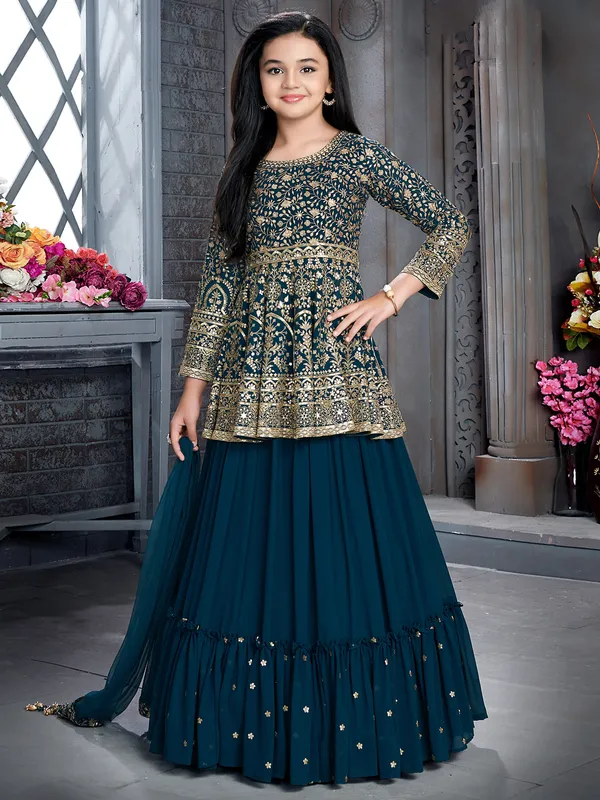 Rama blue georgette girls wedding look lehenga choli