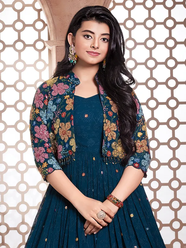 Rama blue georgette gown with jacket