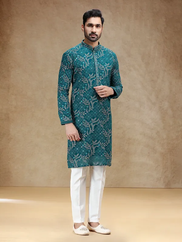 Rama blue georgette men kurta pajama