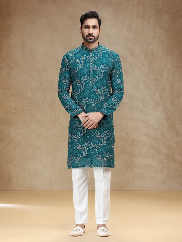 Rama blue georgette men kurta pajama