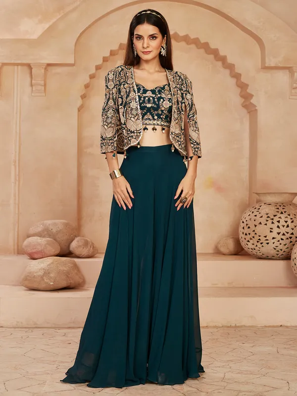 Rama blue georgette palazzo suit with cowrie detailing