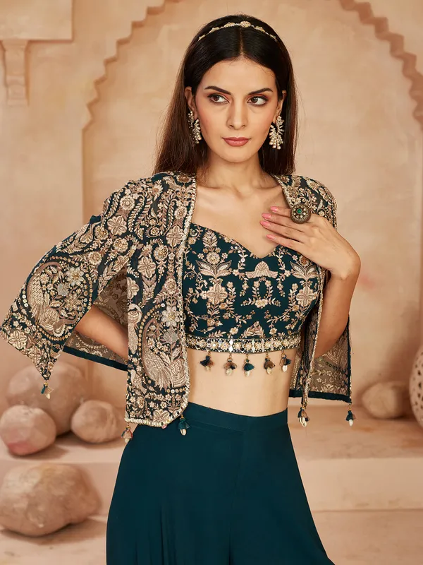 Rama blue georgette palazzo suit with cowrie detailing