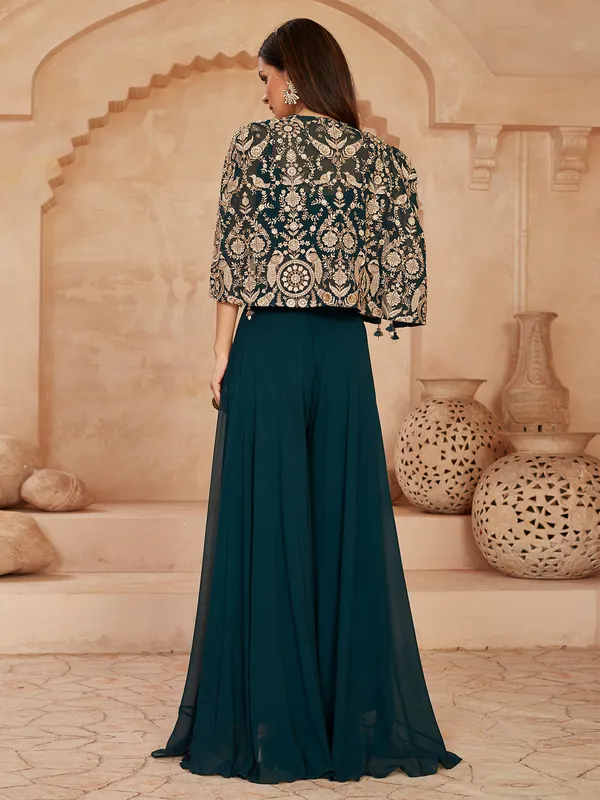 Rama blue georgette palazzo suit with cowrie detailing