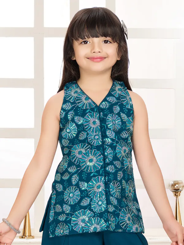 Rama blue georgette palazzo suit with sequins