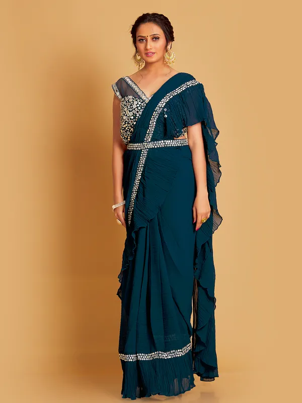 Rama blue georgette pre draped saree
