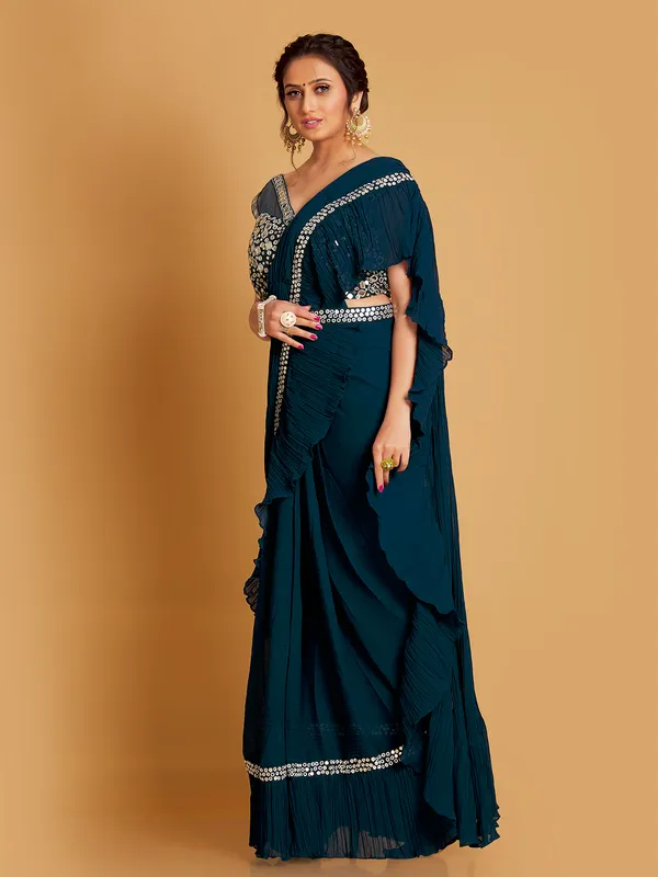 Rama blue georgette pre draped saree