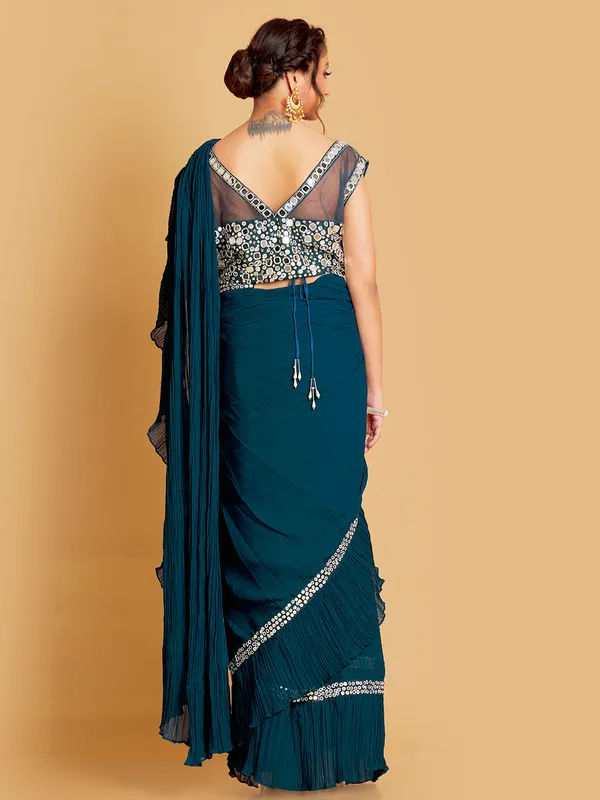Rama blue georgette pre draped saree