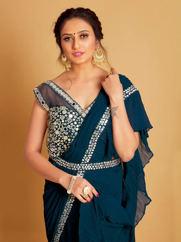 Rama blue georgette pre draped saree