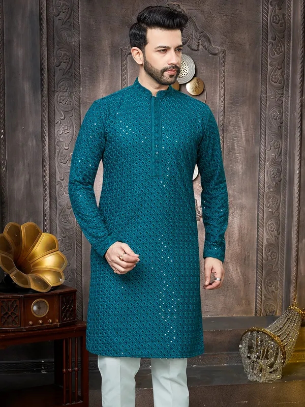Rama Blue georgette sequins kurta suit for men