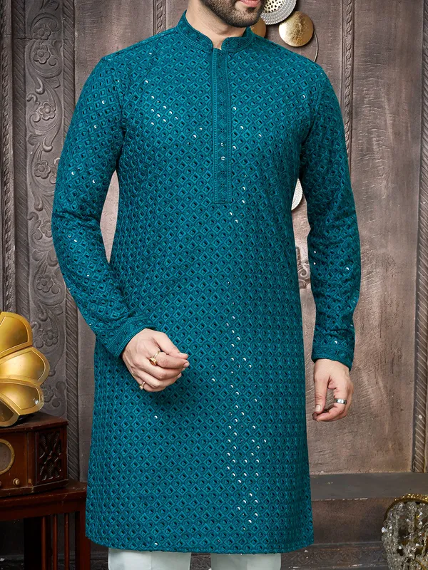 Rama Blue georgette sequins kurta suit for men