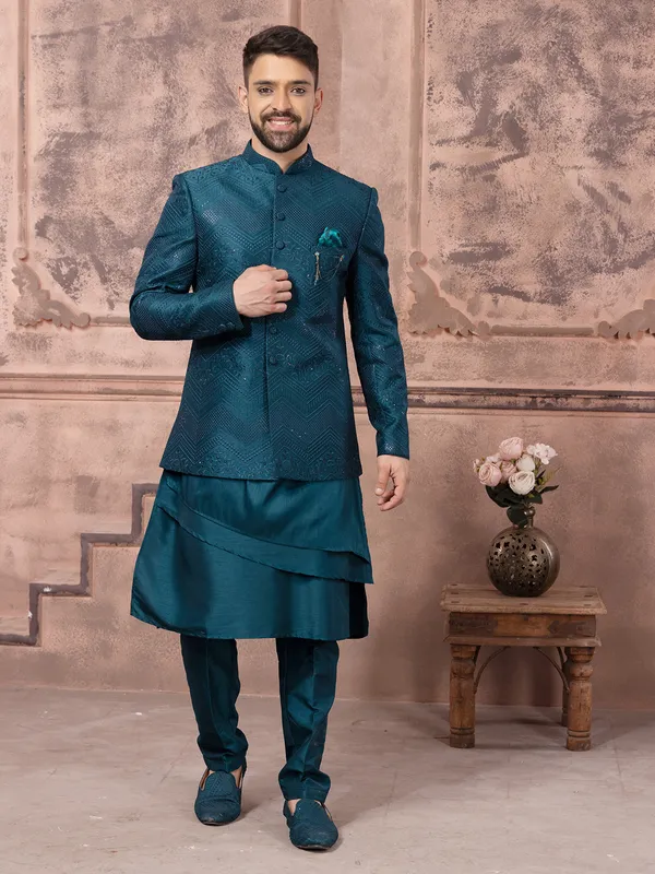 Rama blue indowestern for wedding in silk