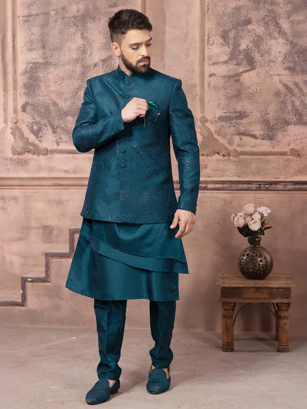 Rama blue indowestern for wedding in silk