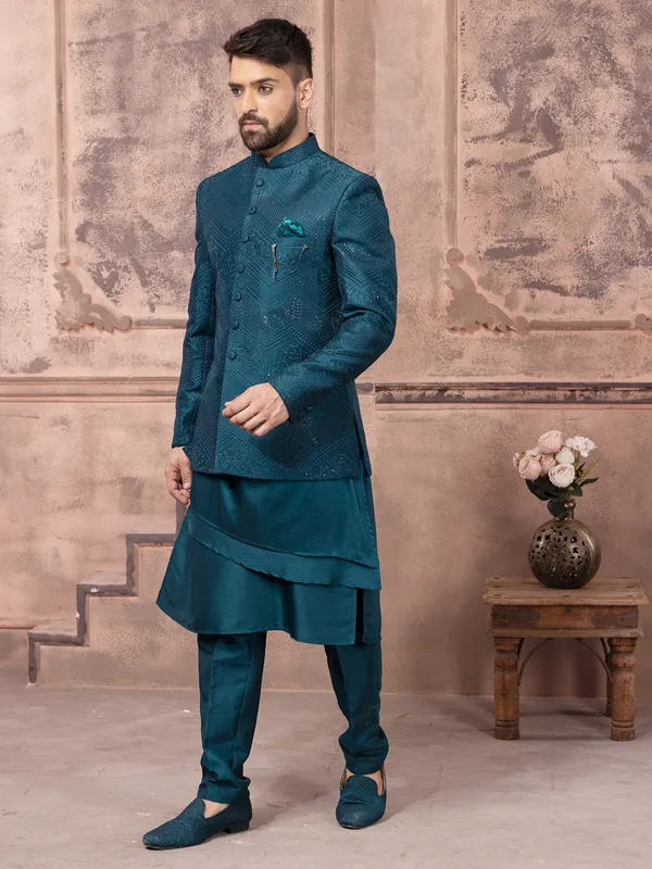 Rama blue indowestern for wedding in silk