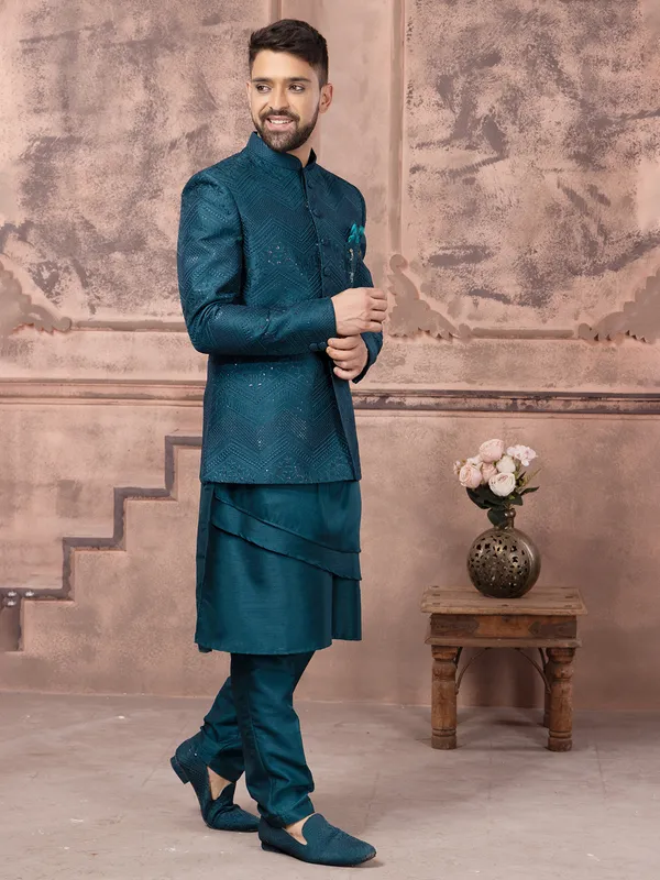 Rama blue indowestern for wedding in silk