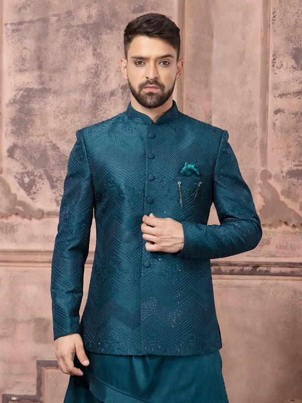 Rama blue indowestern for wedding in silk