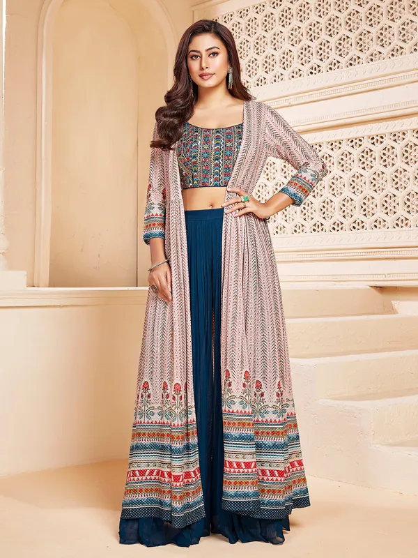 Rama blue jacket style georgette palazzo suit