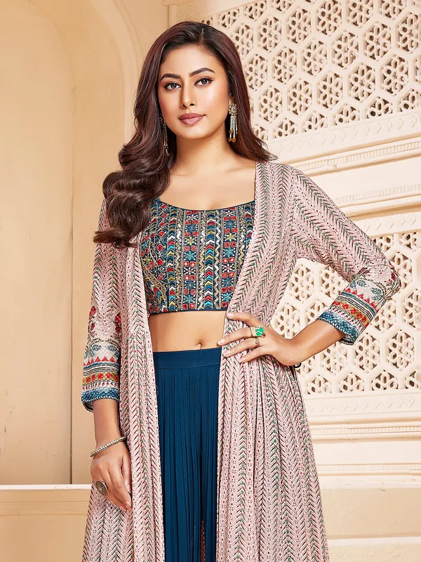 Rama blue jacket style georgette palazzo suit