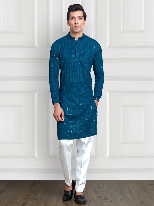 Rama blue  Men Kurta pajama for festive