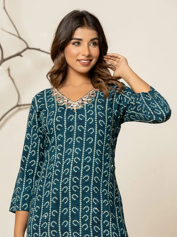 Rama blue leaf printed kurti