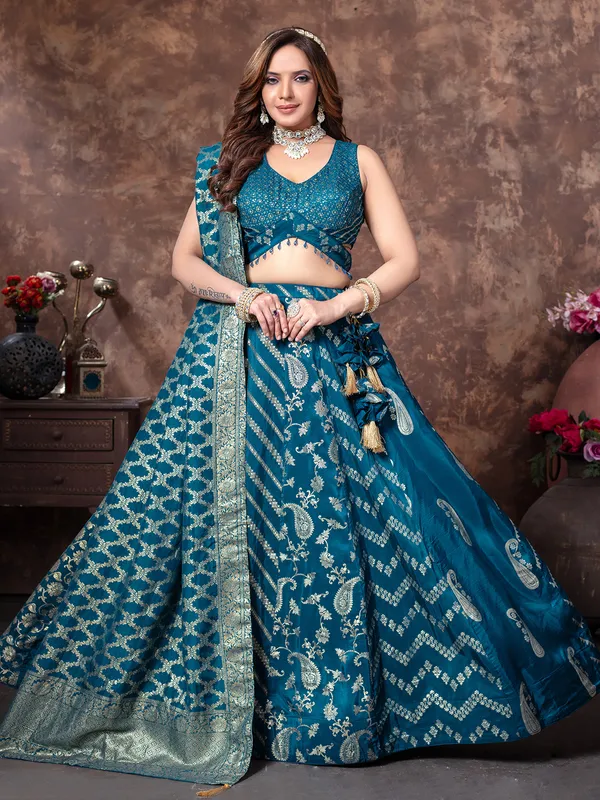 Rama blue lehenga choli with sweetheart neck design