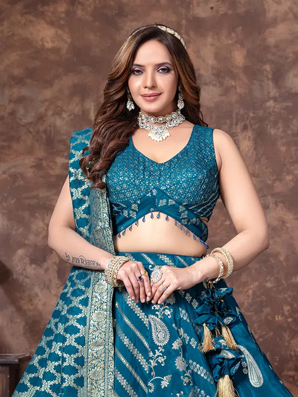 Rama blue lehenga choli with sweetheart neck design