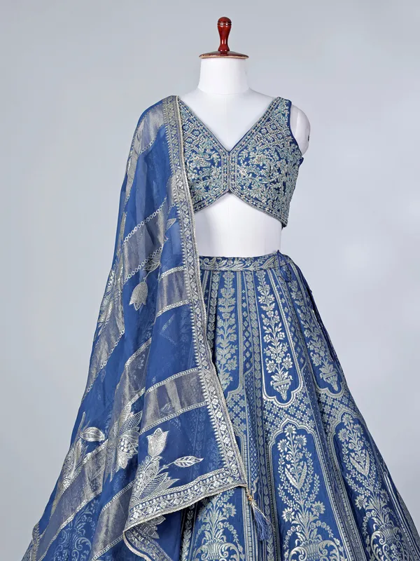 Rama blue lehenga choli with zardosi and zari work