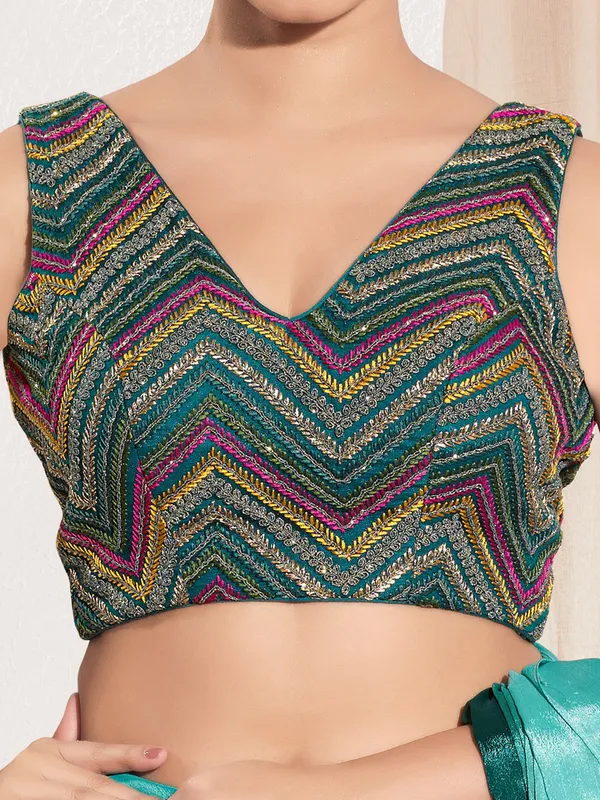 Rama blue net  V neck ready made blouse
