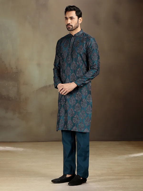 Rama blue nova silk woven kurta set