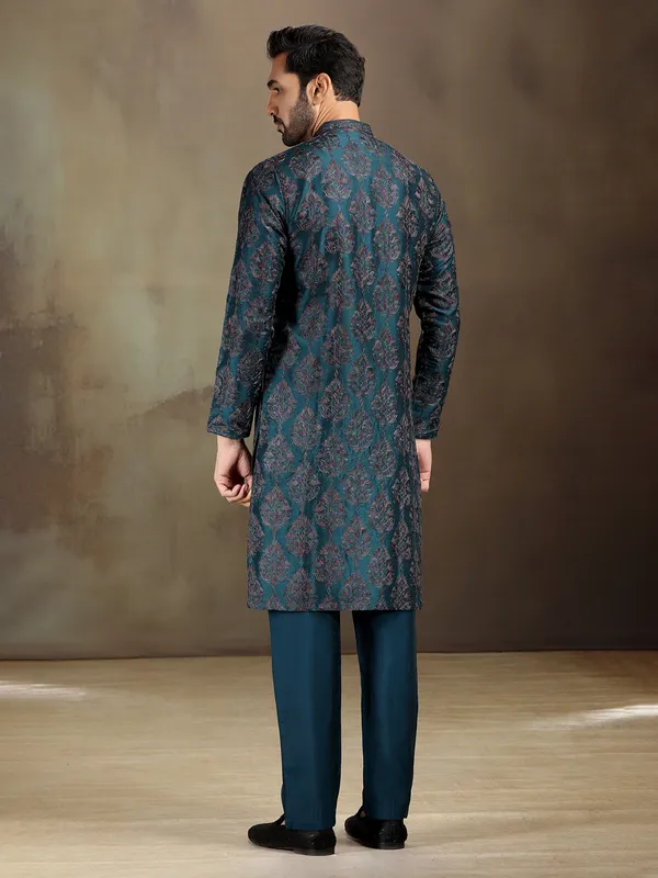 Rama blue nova silk woven kurta set