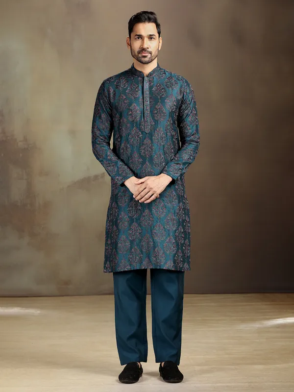 Rama blue nova silk woven kurta set