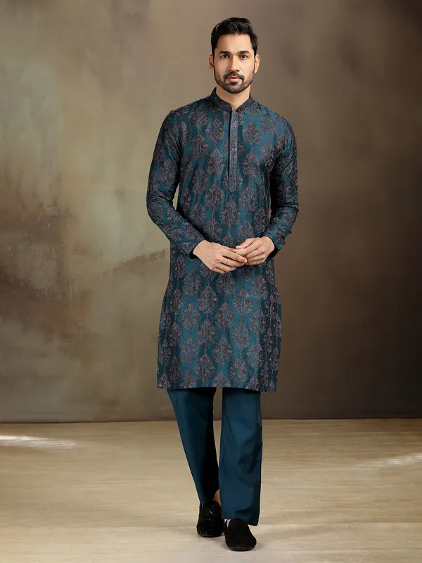Rama blue nova silk woven kurta set