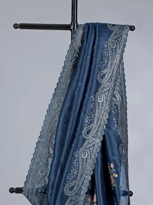 Rama blue organza saree with sequins embellishment