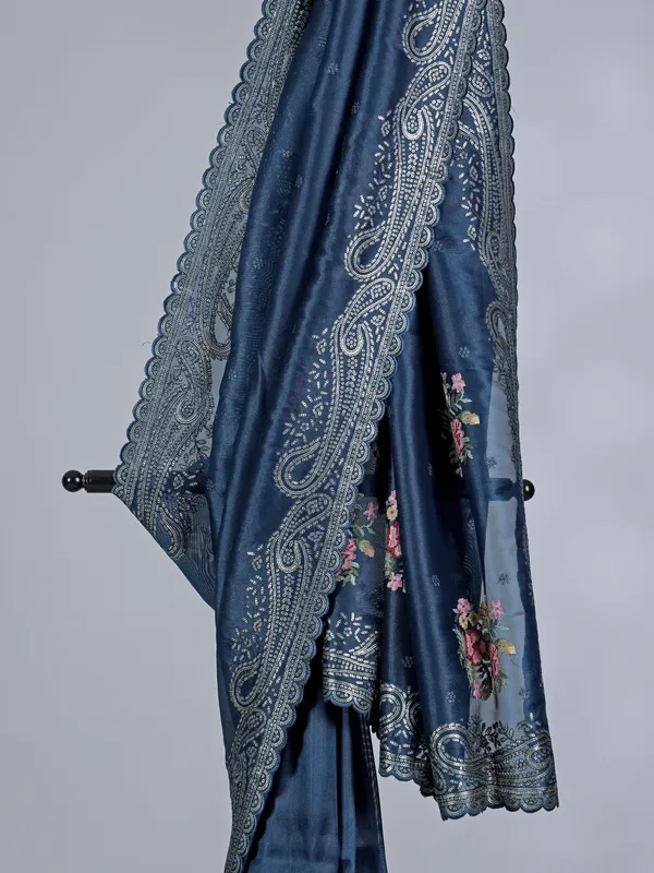 Rama blue organza saree with sequins embellishment