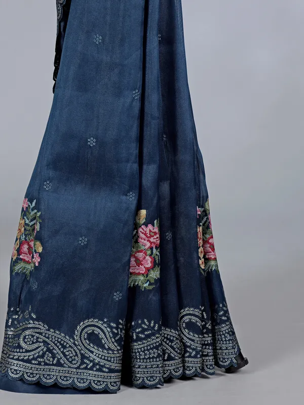 Rama blue organza saree with sequins embellishment