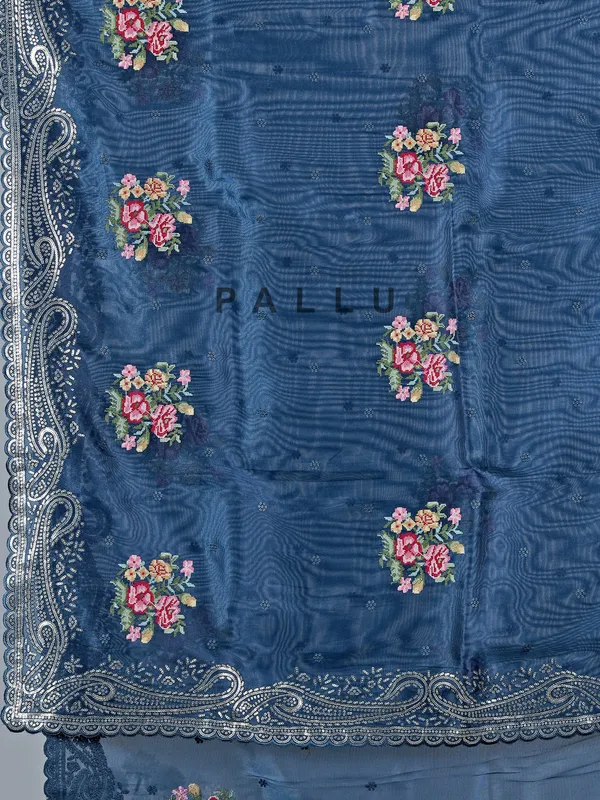 Rama blue organza saree with sequins embellishment