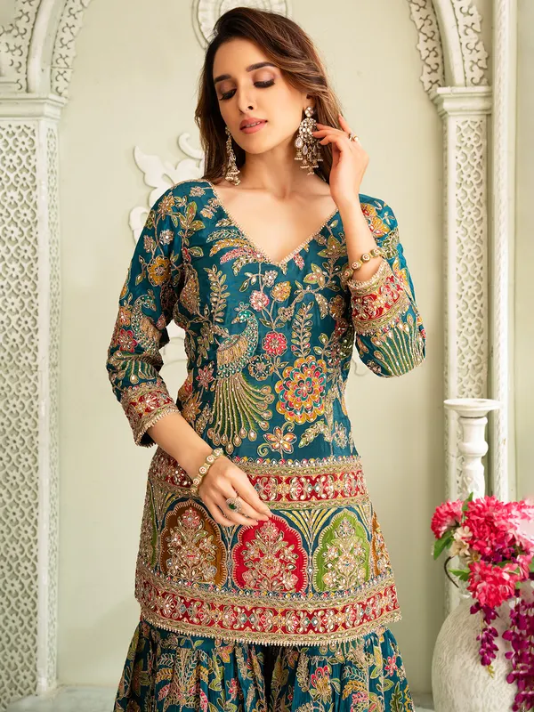Rama blue pakistani silk sharara suit with zardosi work