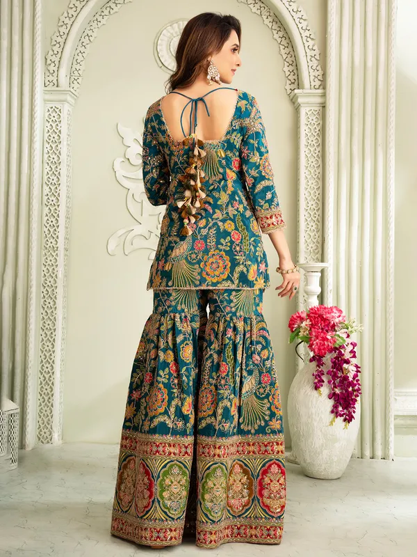 Rama blue pakistani silk sharara suit with zardosi work