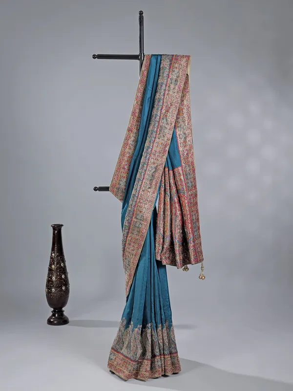 Rama blue pashmina silk saree for wedding wear